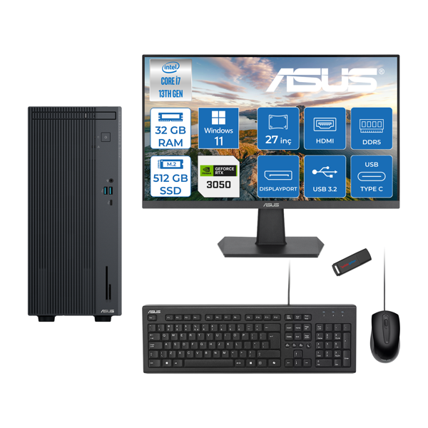 Asus Expertcenter P500MV Intel Core I7-13620H 32GB Ddr5 512GB SSD WIN11HOME 6GB/RTX3050 100HZ IPS 27" Mon Minitower Masaüstübilgisayar WM7136216512B0DH12+ZETTAUSBBELLEK - Image 1