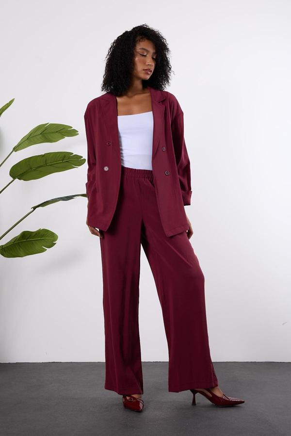 Bordo Regular Beli Lastikli Salaş Pantolon - Image 1