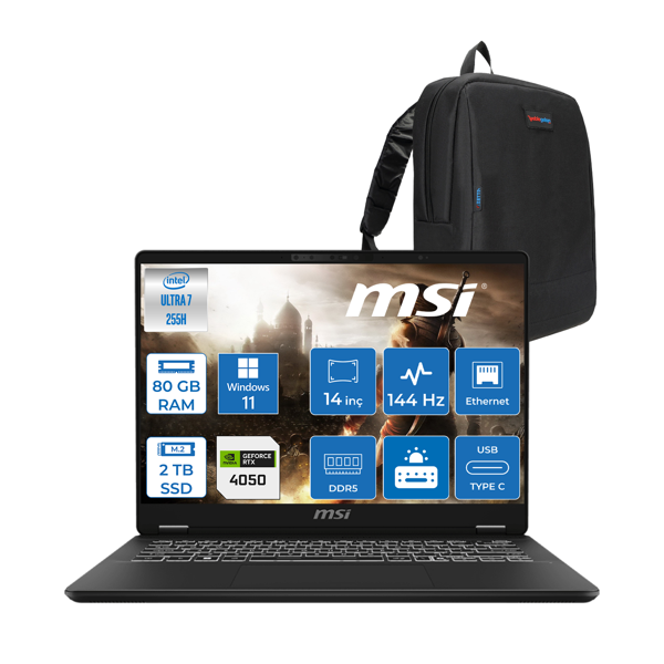 Msı Prestıgepro 14 Aı WC2HVEG Intel Core Ultra 7-255H Aı 80GB Ddr5 2tb SSD RTX4050/6GB 14" Full Hd+ 144Hz Ips-Level WIN11PRO Gaming Laptop Z076TRP24+ZETTAÇANTA - Image 1