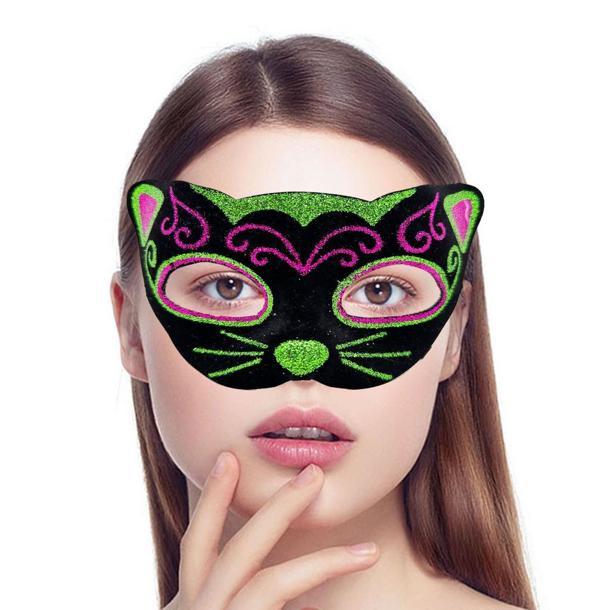 Nessi World Siyah Kadife Kaplama Üzeri Pembe Yeşil Sim İşlemeli Kedi Maskesi 20x13 cm - Image 1