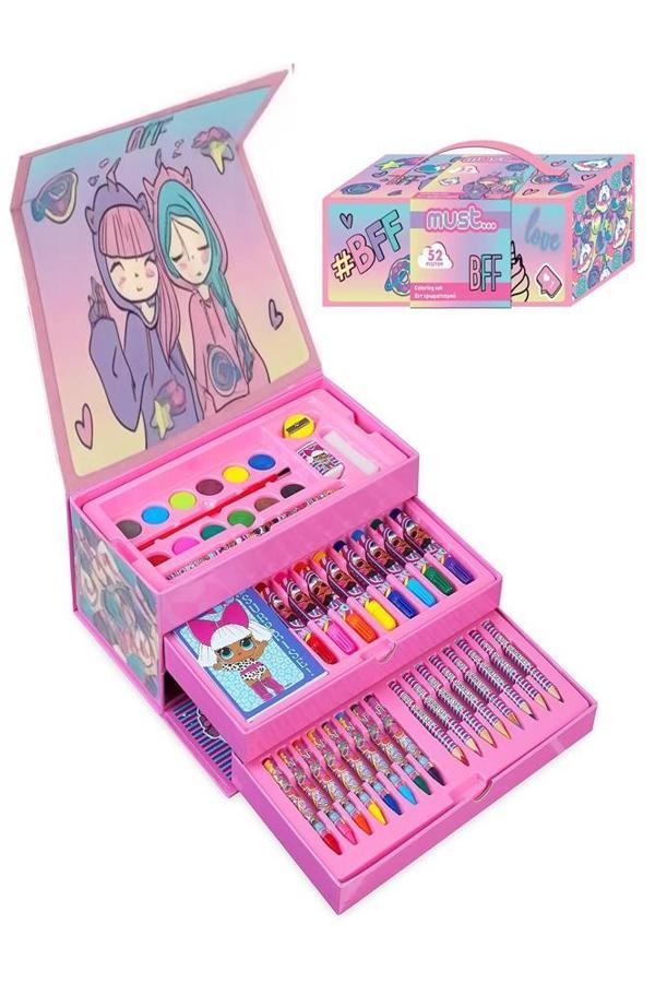 Kız Çocukları İçin Hediye Kutulu Boyama Seti 1 Paket 12 li Suluboya 8 li Keçeli Kalem 8 li Kuruboya 8 li Pastel Boya - Image 1