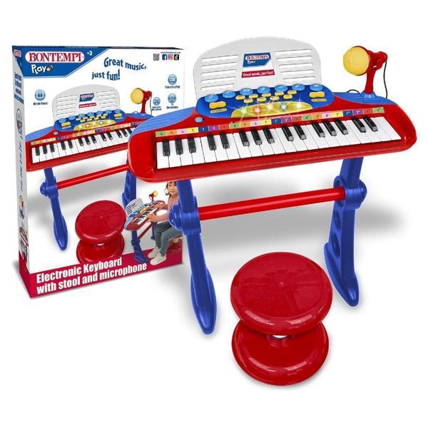 Bontempi Elektronik 37 Tuşlu Ayaklı Mikrofonlu Işıklı Tabureli Org Seti Kırmızı - Image 1