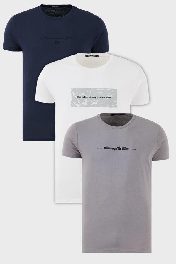 Buratti Pamuklu Slim Fit Bisiklet Yaka Baskılı 3'lü Paket Erkek T Shirt 541S31 Açık Gri-Beyaz-Lacivert - Image 1