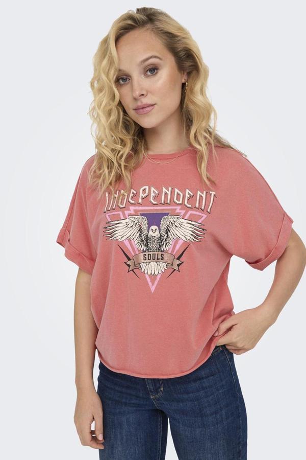 Only Onllucy Baskılı % 100 Pamuk Regular Fit Bisiklet Yaka Bayan T Shirt 15316637 GÜL - Image 1