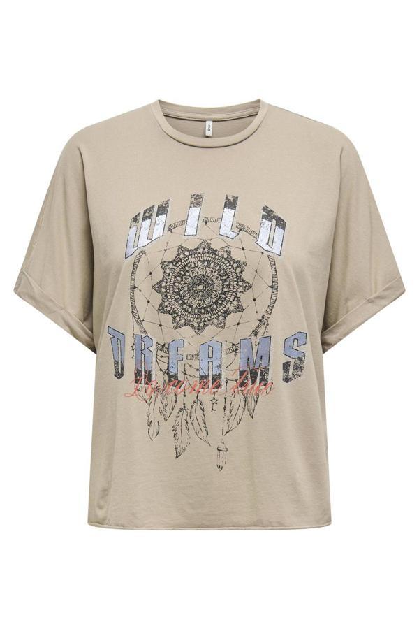Only Onllucy Baskılı % 100 Pamuk Regular Fit Bisiklet Yaka Bayan T Shirt 15316637 BEJ - Image 1