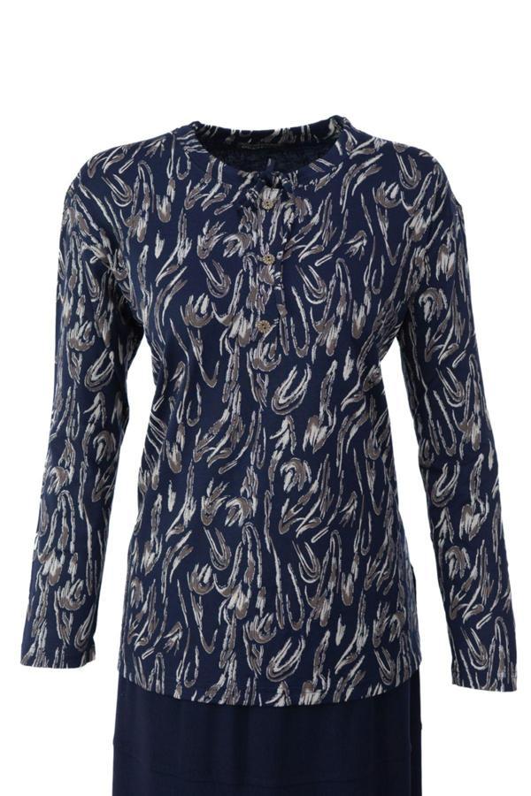 Oppland Kadın Bluz Viskon Penye Kumaş Bağcık Yakalı Simli Model Uzun Kollu Likralı Rahat Tam Kalıp - Image 1