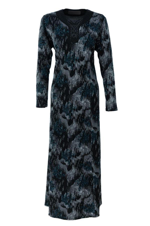 Oppland Kadın Anne Boydan Elbise Viskon Kumaş Taşlı ve Simli V Yaka Saraylı Model Rahat Tam Kalıp - Image 1