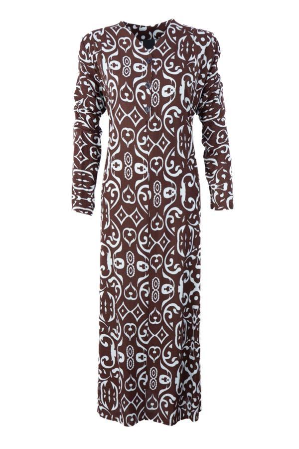 Oppland Kadın Klasik Boydan Elbise Yazlık Mevsimlik Dokuma ViskonKumaş Ebruli Desenli Vatkalı V Yaka - Image 1