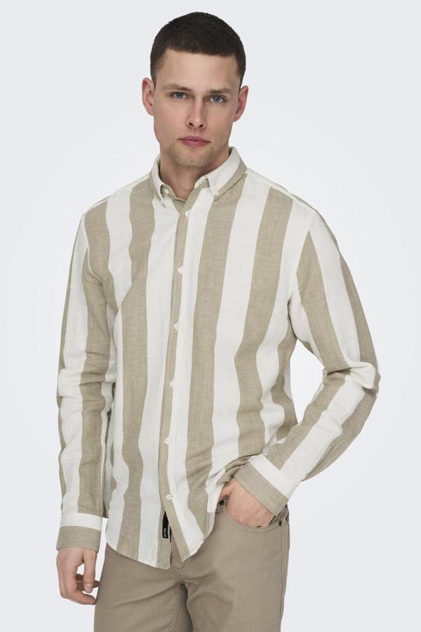 Only & Sons Onsarlo Pamuk ve Keten Karışımlı Slim Fit Erkek Gömlek 22028040 BEJ-BEYAZ - Image 1