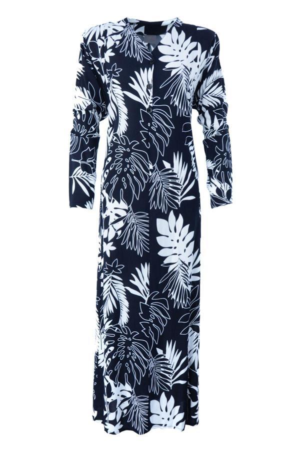 Oppland Kadın Klasik Boydan Elbise Yazlık Mevsimlik Dokuma ViskonKumaş Ebruli Desenli Vatkalı V Yaka - Image 1