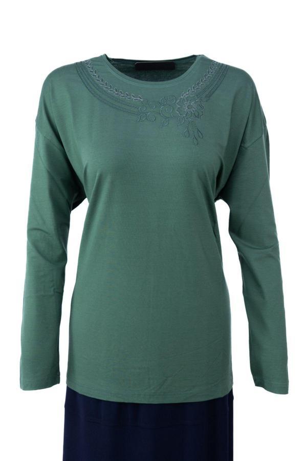 Oppland Kadın Anne Bluz Viskon Penye Kumaş Bisiklet Yakalı Gül Tacı Model Likralı Rahat Tam Kalıp - Image 1