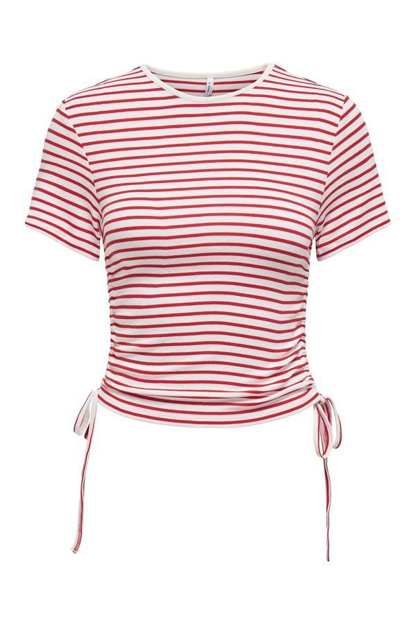 Only Onldevin Slim Fit Bisiklet Yaka Çizgili Büzgü Detaylı Bayan T Shirt 15346302 KIRMIZI-KREM - Image 1