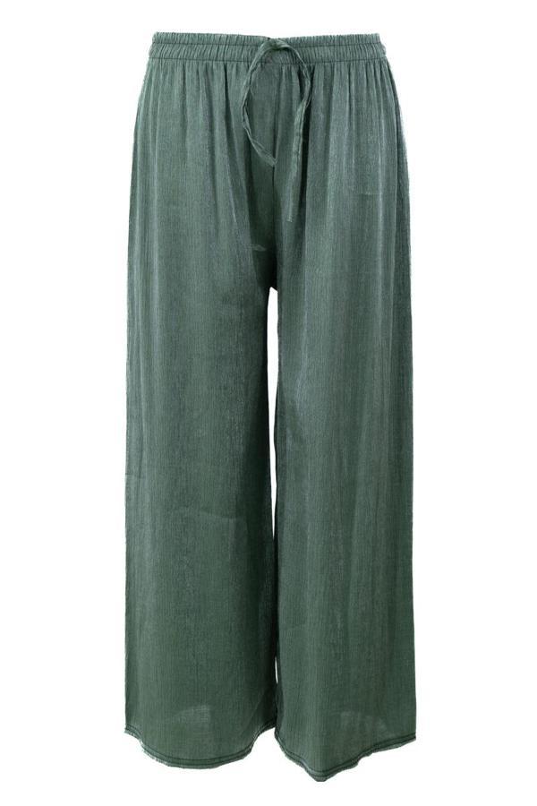 Oppland Kadın Pantolon Simli Parlak Bağcıklı Viskon Kumaş Beli Lastikli Geniş Paça Jumbo Rahat Kesim - Image 1
