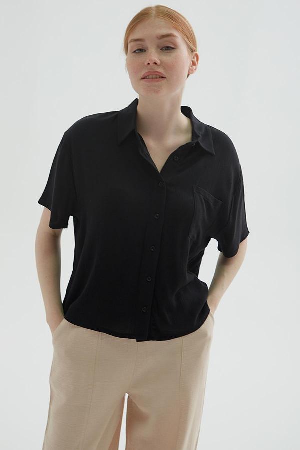 Fashion Friends Regular Fit Cep Detaylı Kısa Kollu Crop Bayan Gömlek 25Y0515K1 SİYAH - Image 1