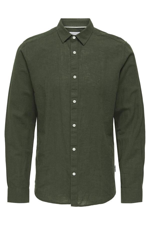 Only & Sons Onscaiden Keten ve Pamuk Karışımlı Slim Fit Erkek Gömlek 22012321 KOYU HAKİ - Image 1