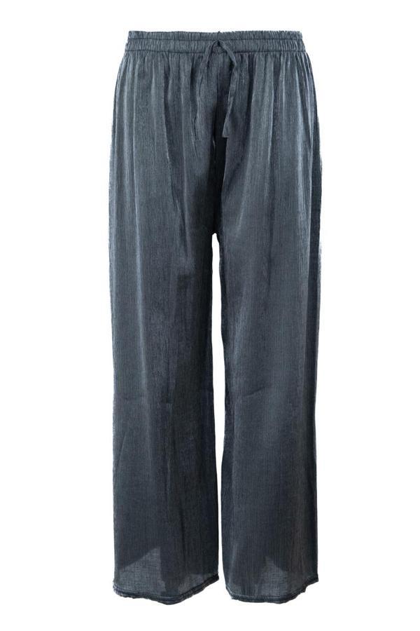 Oppland Kadın Pantolon Simli Parlak Bağcıklı Viskon Kumaş Beli Lastikli Geniş Paça Jumbo Rahat Kesim - Image 1