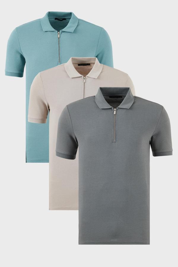 Buratti Pamuklu Regular Fit Yarım Fermuarlı 3'lü Paket Erkek Polo Yaka T Shirt 5902915S3 Açık Haki-Mavi-Gri - Image 1