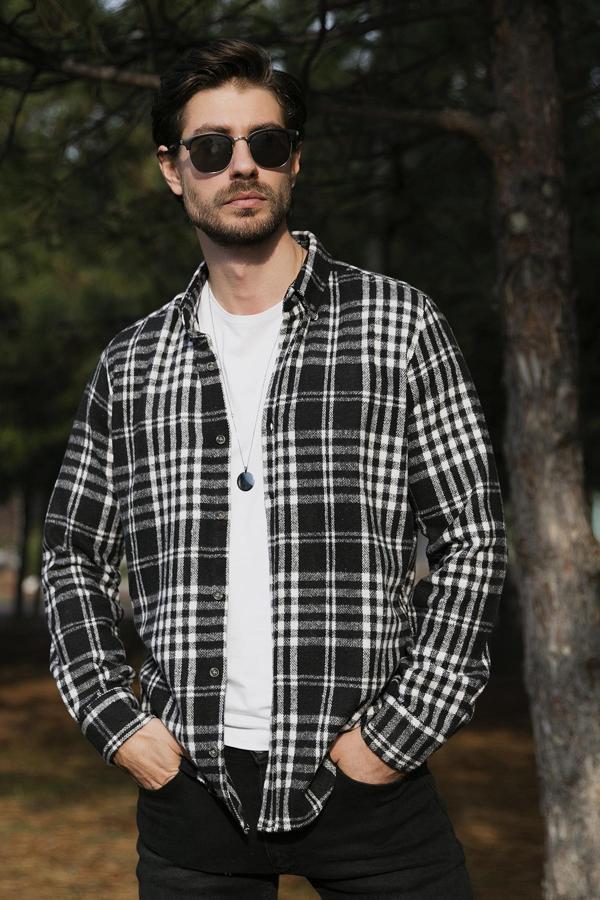Buratti Pamuklu Ekoseli Slim Fit Düğmeli Yaka Erkek Gömlek CF23W114653 SİYAH - Image 1