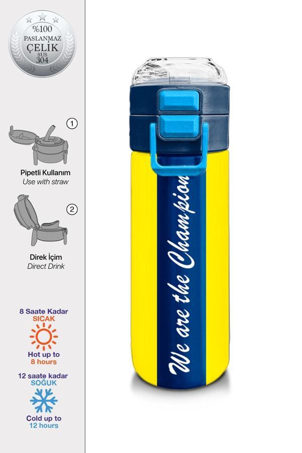 Coral High Kids Sarı Lacivert Çubuklu Pipetli ve Direkt İçim Çelik Termos 500 ml 31791 - Image 1