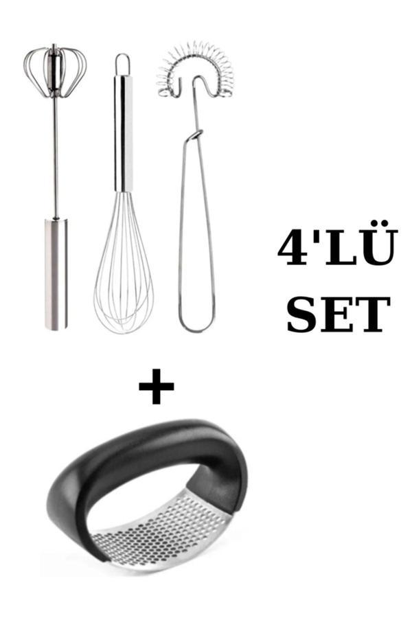 Hilamingo Home 4'Lü Paslanmaz Çelik Mutfak Gereçleri Set;Çırpıcı Set Ve Sarımsak Ezici Set - Image 1