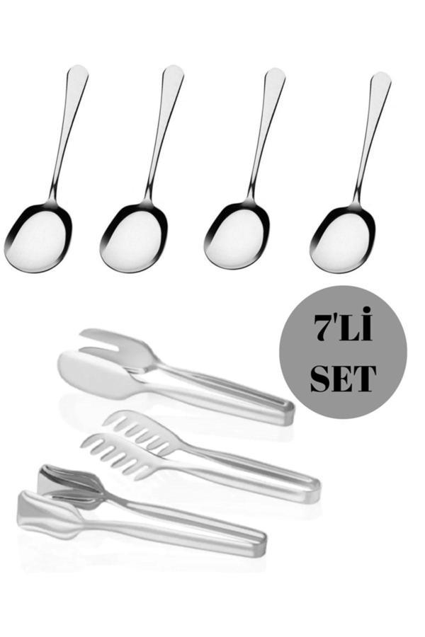 Hilamingo Home 7'Li Servis Seti;4 Adet Paslanamaz Çelik Servis Kaşığı,3'Lü Servis Maşa Seti - Image 1