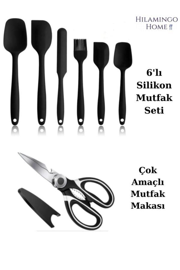 Hilamingo Home 7'Li Mutfak Gereçleri Seti; 6'Lı Silikon Servis Seti+ Çok Amaçlı Ultra Keskin Mutfak Makası - Image 1