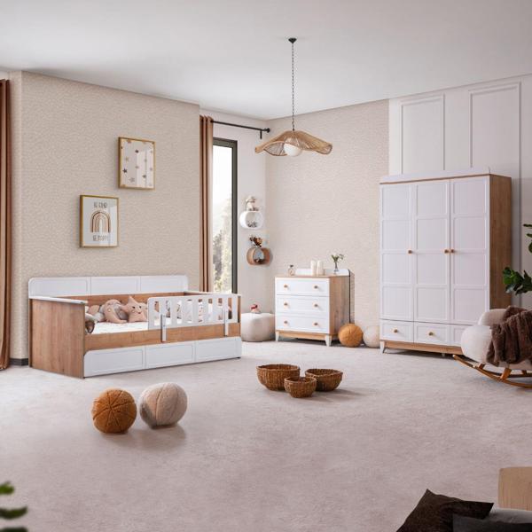 Mira Çocuk Odası Takımı, Mira Yavrulu Karyola, Berlin 3 Kapaklı Dolap, Şifonyer - Ceviz - Image 1