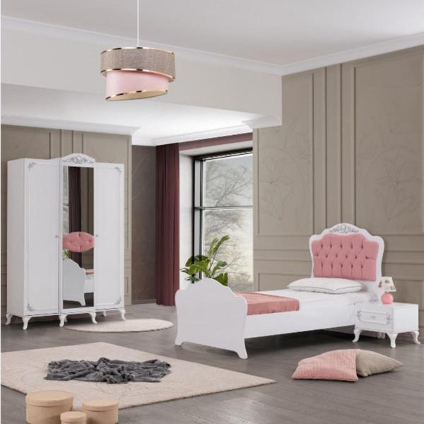 İnci Gümüş Genç Odası - 3 Kapılı Dolap, Karyola, Komodin - Image 1