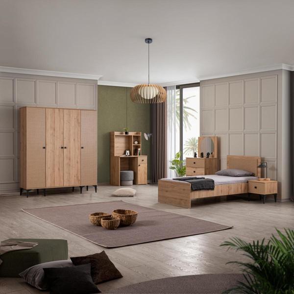 Rustik Genç Odası - 4 Kapaklı Dolap, Karyola, Komodin, Masa, Şifonyer - Image 1