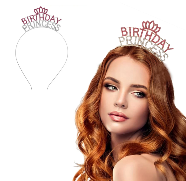 Kristal Taşlı Pembe Birthday Princess Yazılı Parti Tacı 19x11 Cm - Image 1