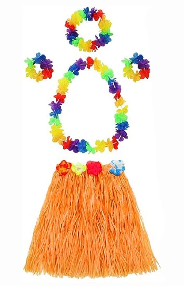 Yetişkin Ve Çocuk Uyumlu Luau Aloha Hawaii Turuncu Etek Ve Renkli Kolye Taç 2 Adet Bileklik Seti - Image 1
