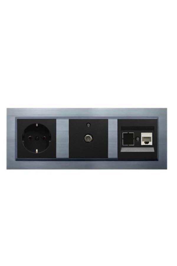 Ovivo Quantum Gümüş 3'Lü Set Topraklı Priz, F Konnektör Ve Nümeris Cat3 Telefon Priz Set - Image 1