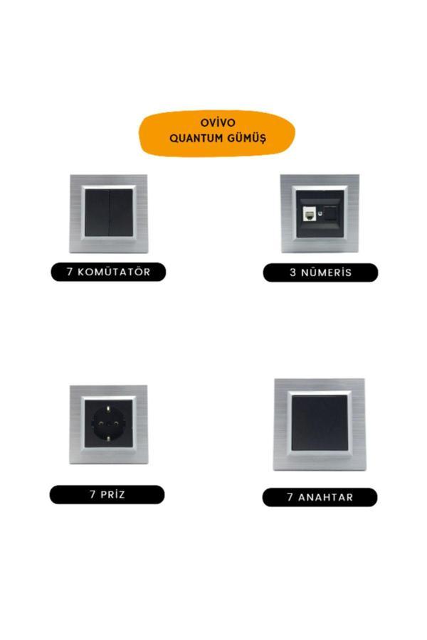 Ovivo Quantum Gümüş Set (7 Komütatör + 3 Nümeris + 7 Priz + 7 Anahtar) - Image 1