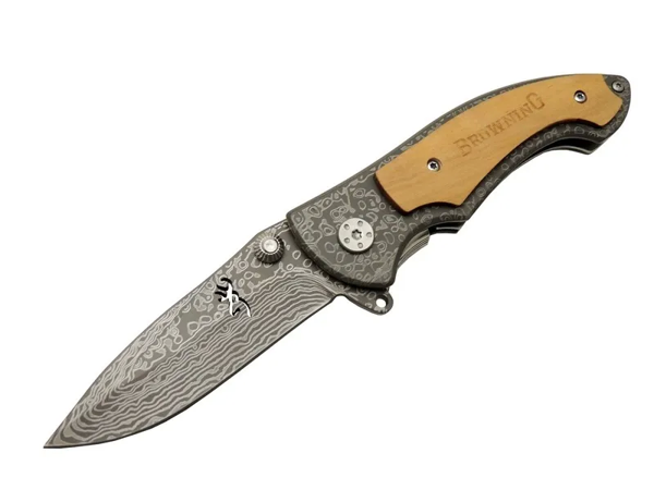 2-31 Damascus Kamp Çakı 19,5cm - Yarı Otomatik, Kemerlikli, Ahşap Metal Sap - Image 1
