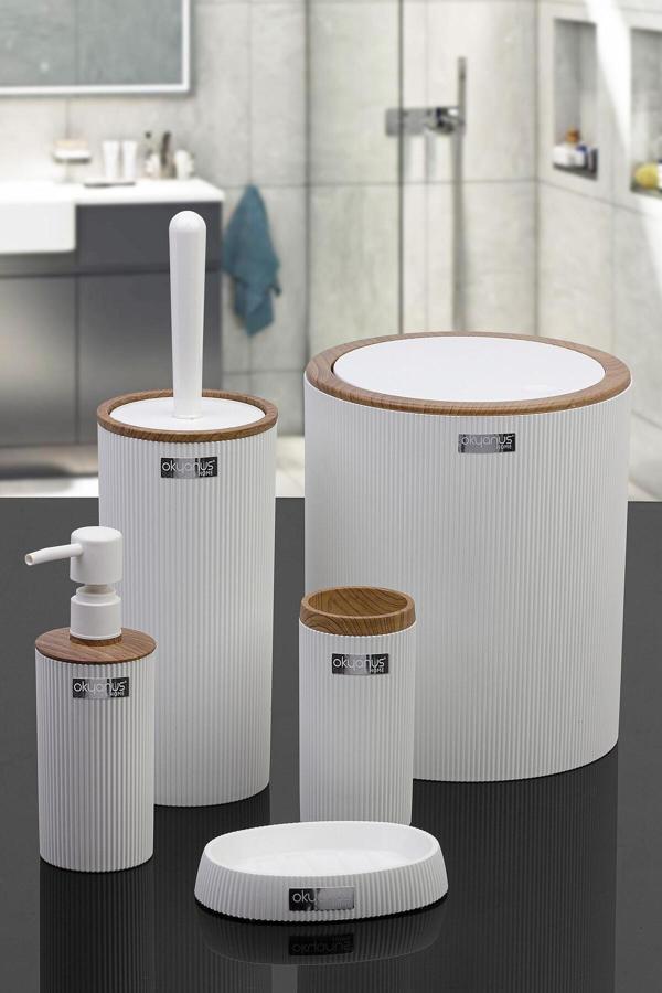 Okyanus Home Mina Beyaz Ahşap Desenli Çizgili Yuvarlak 5'Li Banyo Seti - Image 1