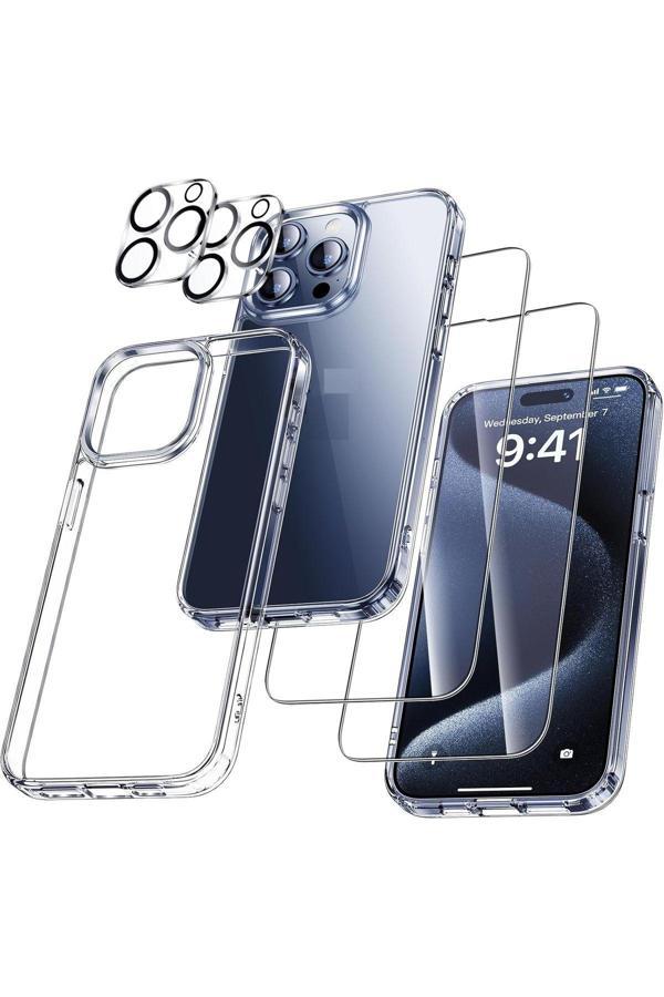Evax (5'İ 1 Arada) İphone 15 Pro Max Uyumlu 1 Şeffaf Kılıf + 2 Ekran Koruyucu + 2 Kamera Lens Koruyucu - Image 1