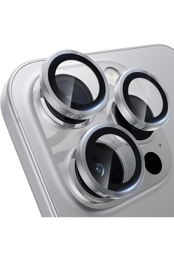 Evax (Metal Lens) Iphone 16 Pro Max / 16 Pro Uyumlu Beyaz Titanyum Metal Kamera Lens Koruyucu - Image 1