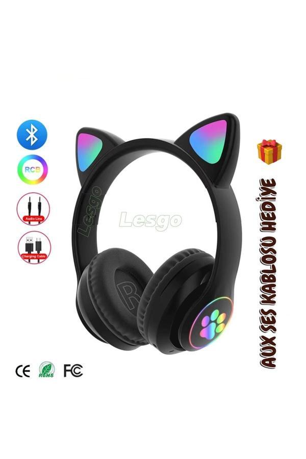 Lesgo Kedi Kulağı Detaylı Bluetooth Kablosuz Rengarenk Işıklı Rgb Çocuk Kulaklık 2025 Vers - Image 1
