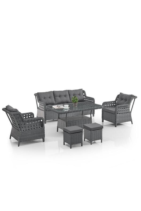 Evdemo Deniz Rattan Puflu Bahçe Balkon Takımı 3+1+1 Antrasit - Image 1