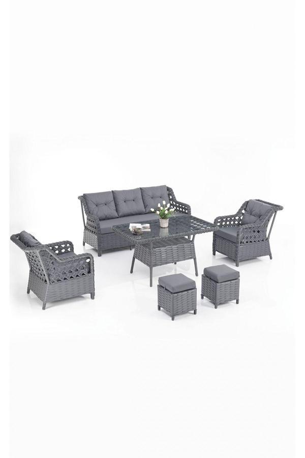 Evdemo Eren Rattan Puflu Bahçe Balkon Takımı 3+1+1 Antrasit - Image 1