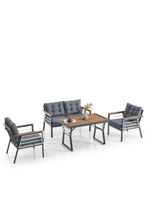 Evdemo Lara Metal Bahçe Balkon Takımı 2+1+1+Ahşap Masa Antrasit - Image 1
