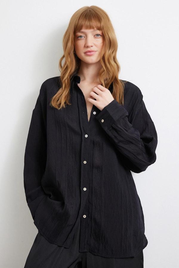 Dantel Detaylı Transparan Pamuklu Gömlek Siyah - Image 1