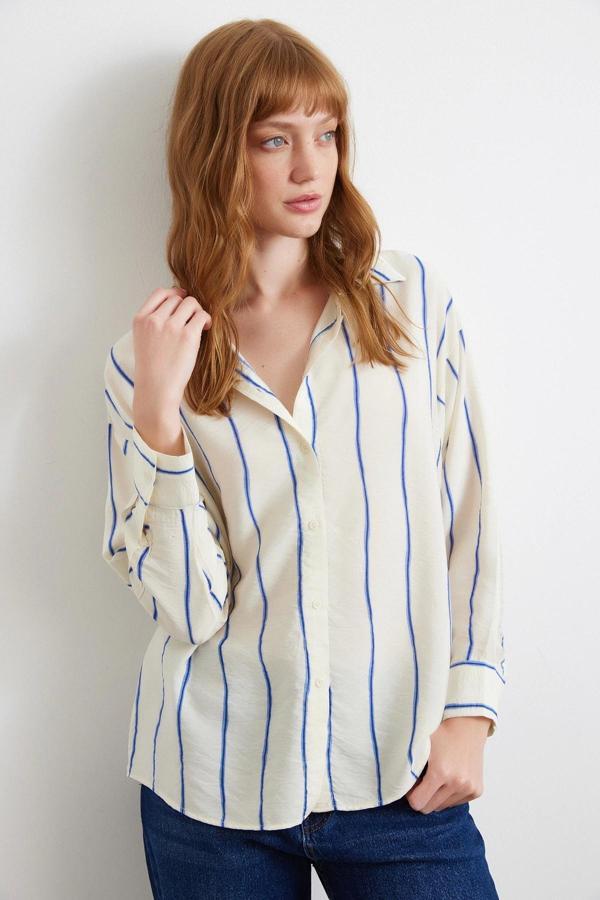 Çizgili Modal Gömlek Saks - Image 1