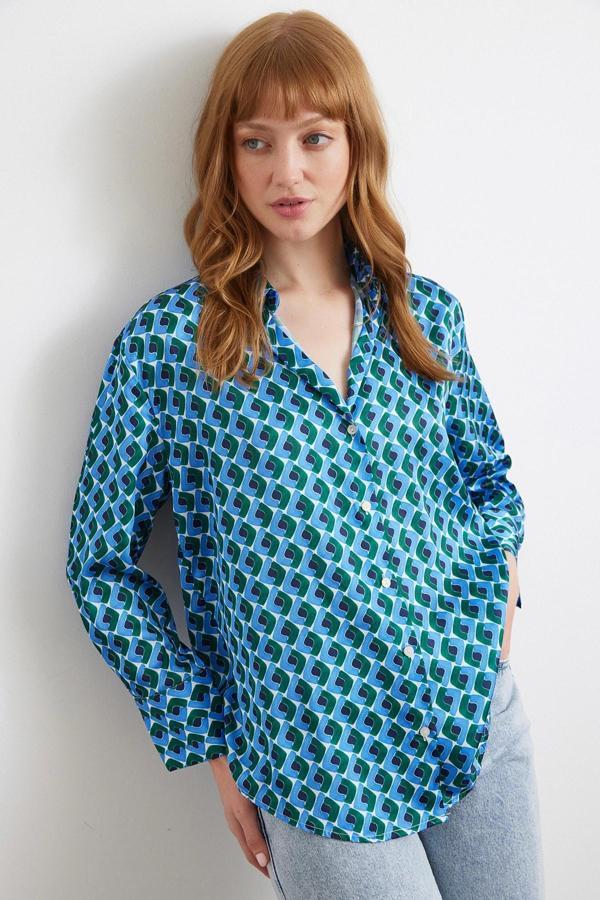 Geometrik Desenli Saten Gömlek Mavi - Image 1