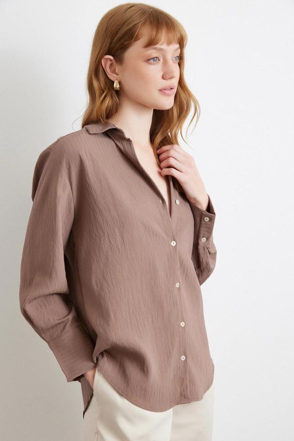 Paralel Çizgili Gömlek Kahve - Image 1