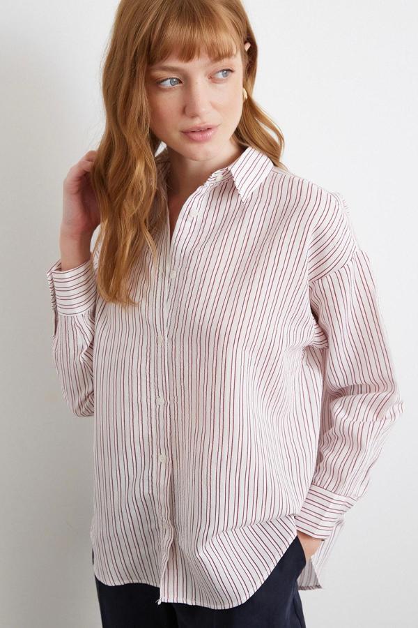 Simetrik Çizgili Gömlek Bordo - Image 1