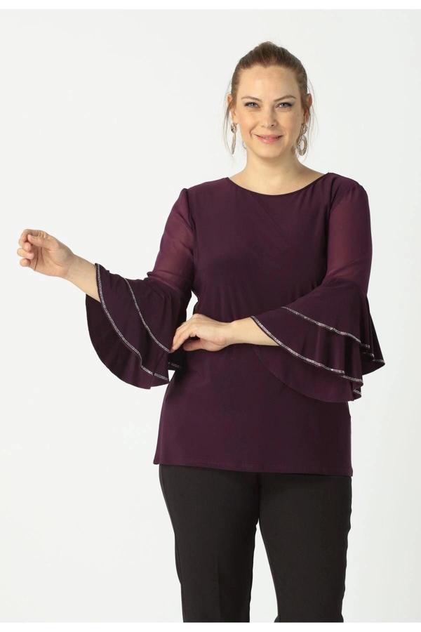 4043 Mürdüm Kolları Volanlı Esnek Şık Taşlı Büyük Beden Bluz - Image 1