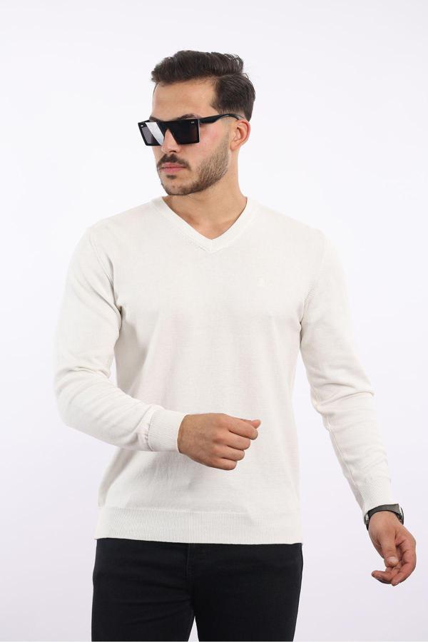 Rugatchi %100 Pamuk Tüylenme Yapmayan Standart Fit Normal Kesim V Yaka Triko Kazak - Image 1