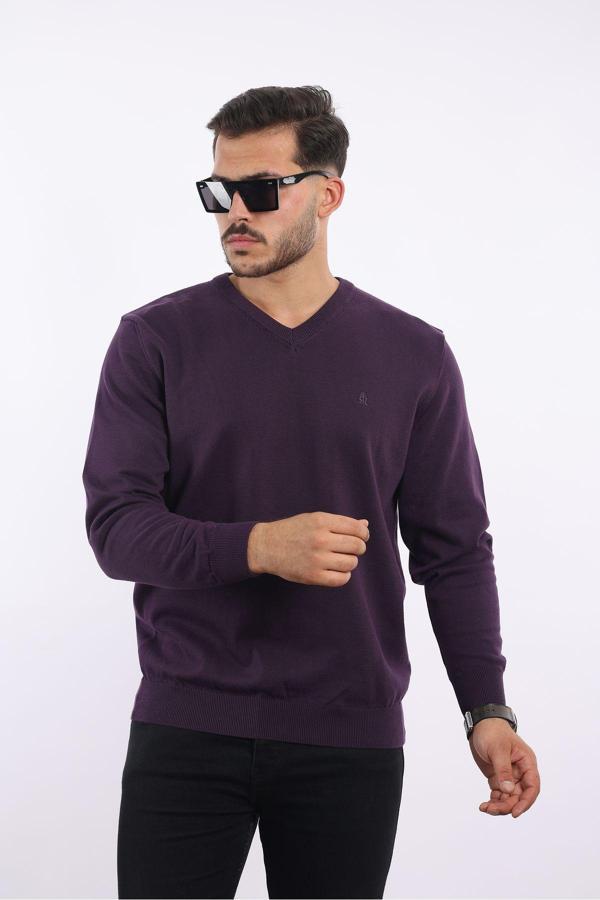 Rugatchi %100 Pamuk Vizon Tüylenme Yapmayan Standart Fit Normal Kesim V Yaka Triko Kazak - Image 1