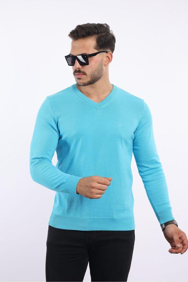 Rugatchi %100 Pamuk Tüylenme Yapmayan Standart Fit Normal Kesim V Yaka Triko Kazak - Image 1